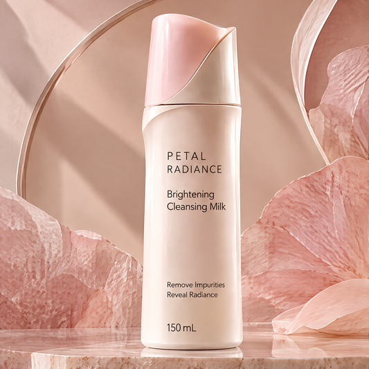 DOZMIOS Brightening Cleansing Milk with petal backdrop with text: Visibly Brighter Looking Skin — Cleanses away dullness to reveal a smoother clearer more radiant complexion