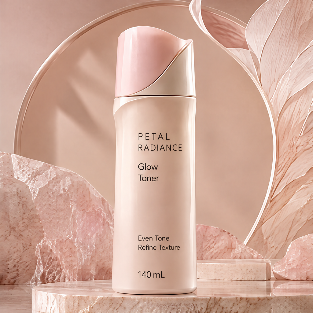 DOZMIOS Glow Toner on pink marble platform with leaf arch backdrop — elegant product display