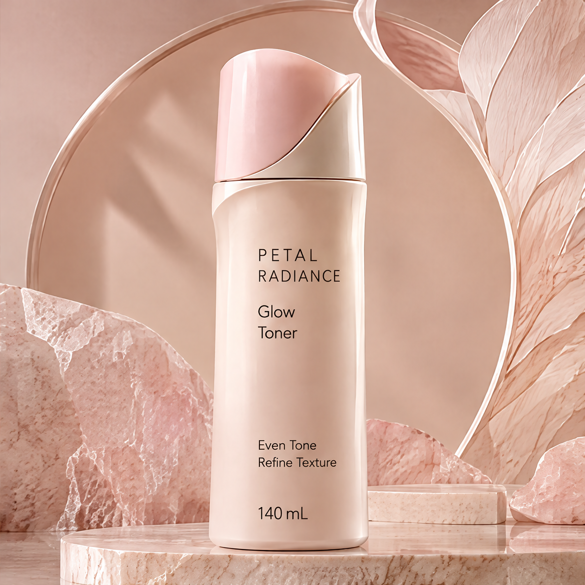 DOZMIOS Glow Toner on pink marble platform with leaf arch backdrop — elegant product display