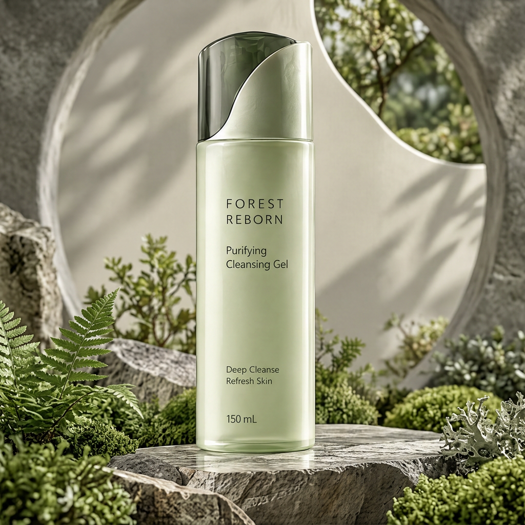 DOZMIOS Purifying Cleansing Gel surrounded by green plants with text: Purify for Healthy Looking Skin