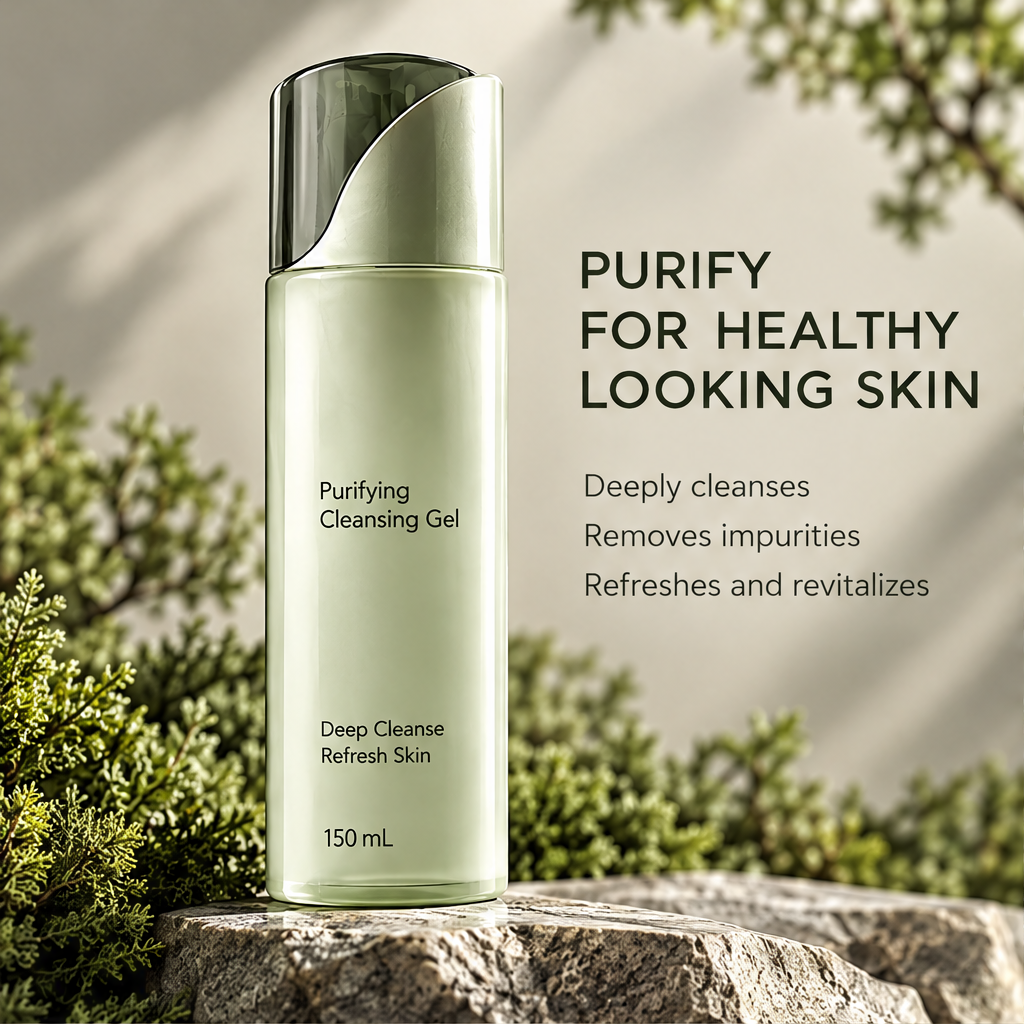 DOZMIOS Purifying Cleansing Gel with water splash and text: Deep Cleanse Away Impurities