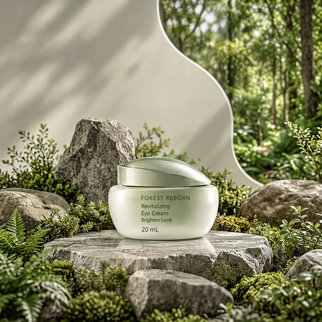 DOZMIOS Revitalizing Eye Cream on stone with text: Revitalized Brighter Look — Refreshes tired-looking eyes for a more awake and radiant look
