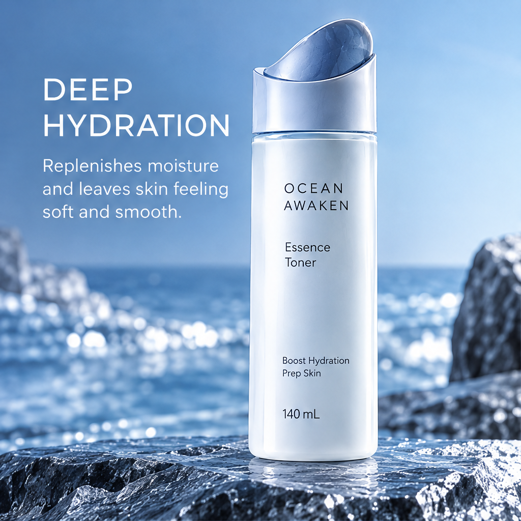 DOZMIOS Essence Toner on coastal rocks with text: Deep Hydration — Replenishes moisture and leaves skin feeling soft and smooth