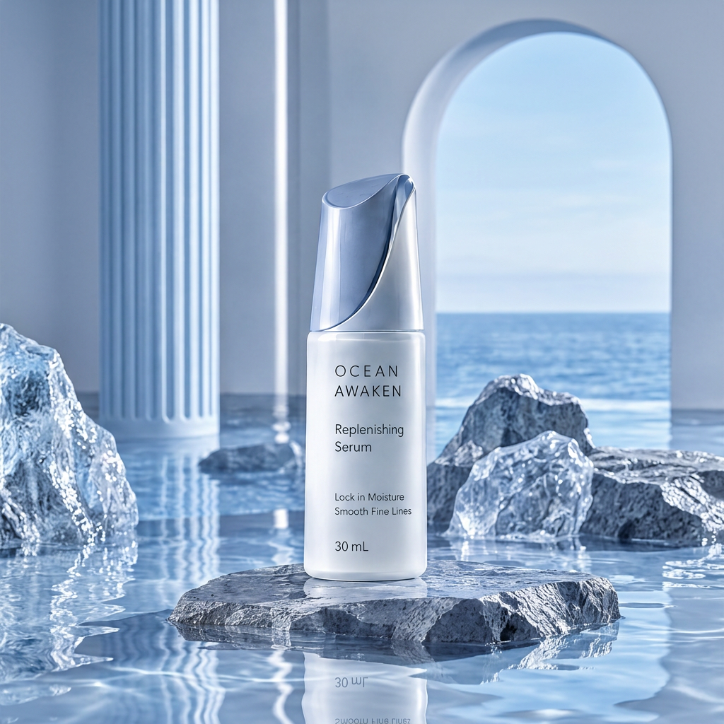 DOZMIOS Replenishing Serum on ocean rock with text: Smooth Fine Lines — Visibly improves skin texture for a firmer more radiant look