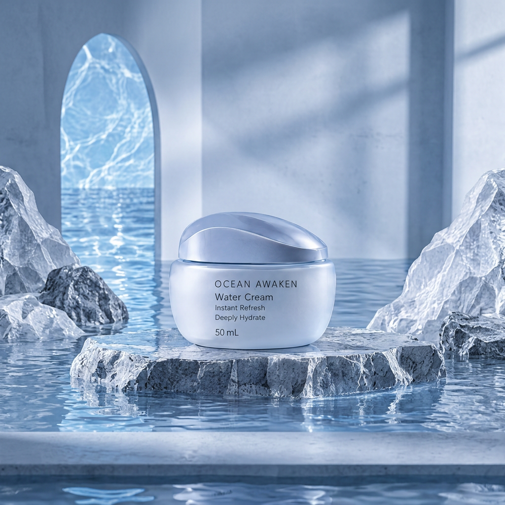 DOZMIOS Water Cream on iceberg rock with text: Skin Looks Radiant — Replenishes moisture to reveal a smoother softer more luminous complexion