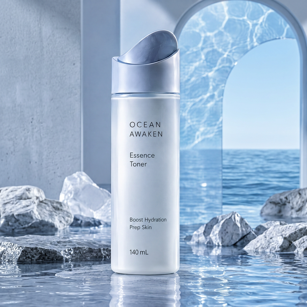 DOZMIOS Essence Toner on ocean rocks with text: Healthy Radiant Skin — Boosts hydration and preps skin for a smoother more luminous look