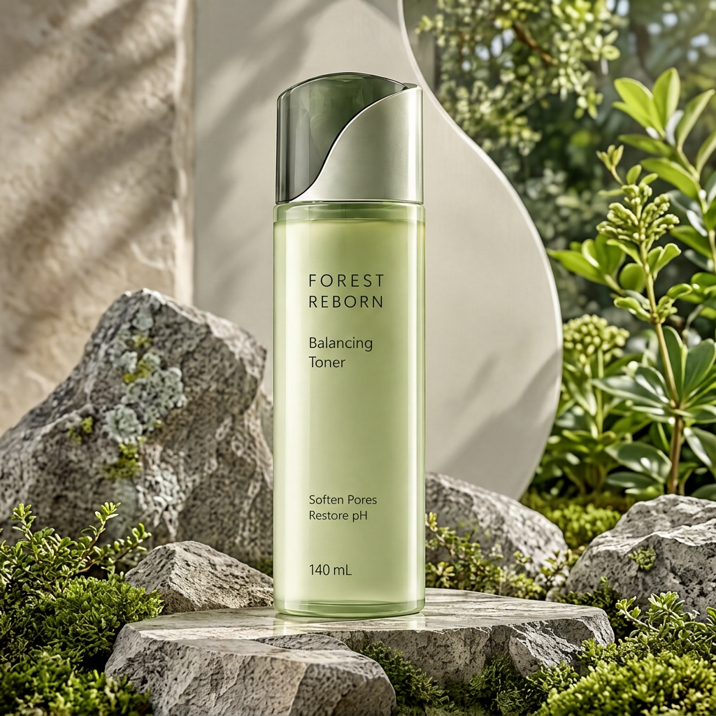 DOZMIOS Balancing Toner displayed on stone among green plants and mossy rocks