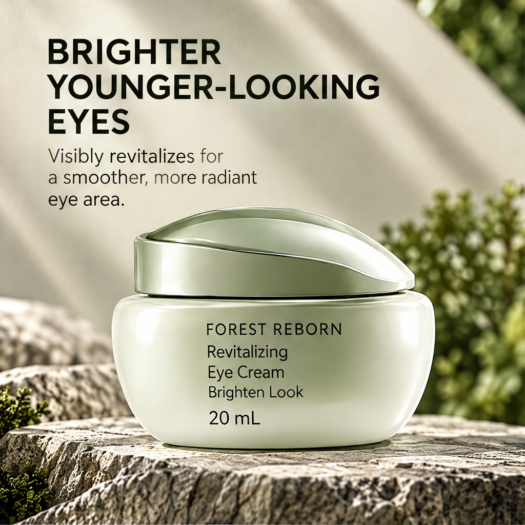DOZMIOS Revitalizing Eye Cream on rock with text: Brighter Younger-Looking Eyes — Visibly revitalizes for a smoother more radiant eye area