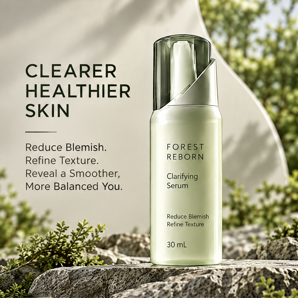 DOZMIOS Clarifying Serum on rocks with text: Clearer Healthier Skin — Reduce Blemish, Refine Texture, Reveal a Smoother More Balanced You