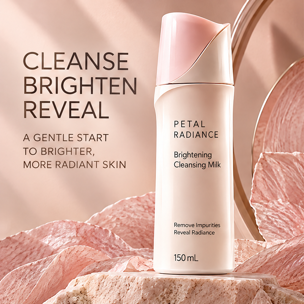 DOZMIOS Brightening Cleansing Milk in petal arch setting — elegant product display