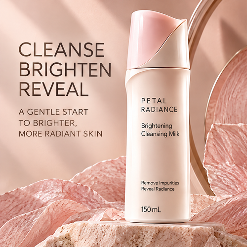DOZMIOS Brightening Cleansing Milk in petal arch setting — elegant product display