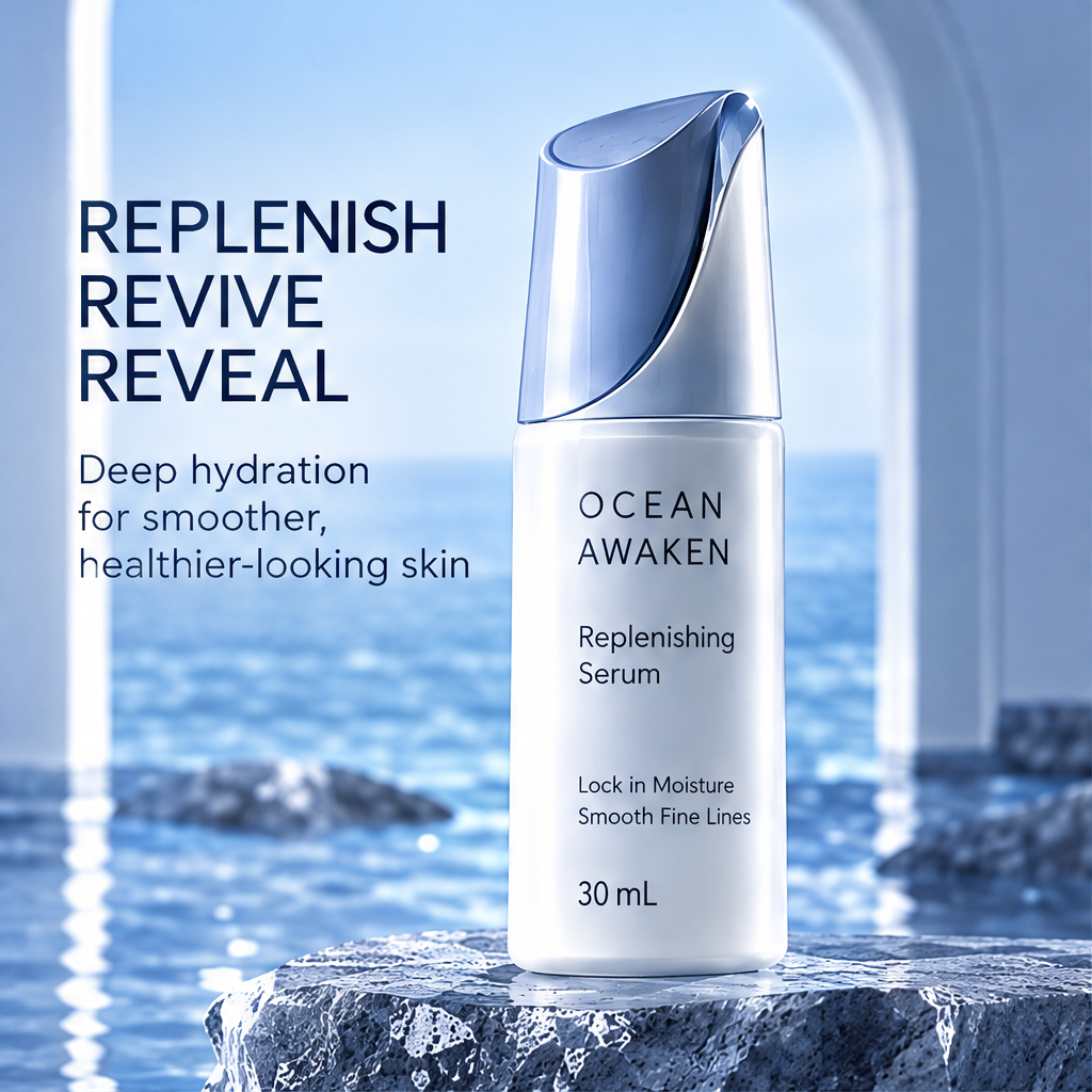 DOZMIOS Replenishing Serum in ocean arch setting with text: Replenish Revive Reveal — Deep hydration for smoother healthier-looking skin