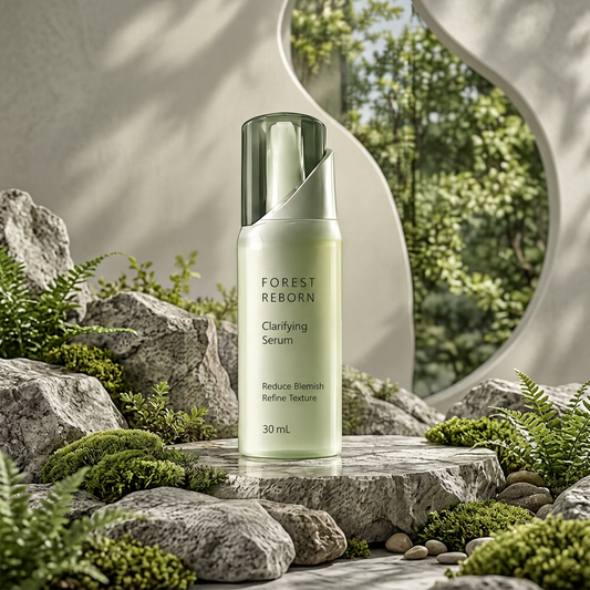 DOZMIOS Clarifying Serum displayed on stone platform surrounded by lush green ferns and moss
