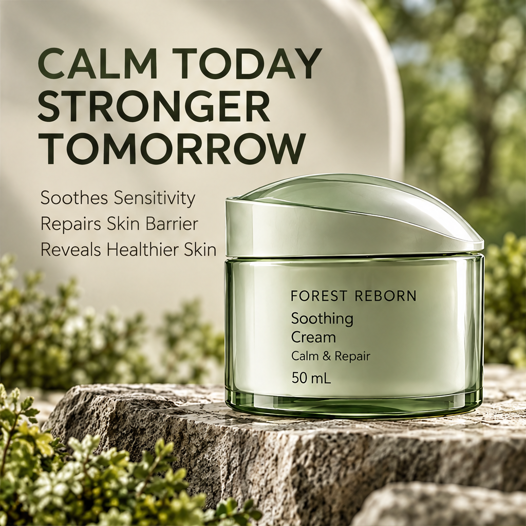 DOZMIOS Soothing Cream on rocks with text: Calm Today Stronger Tomorrow — Soothes Sensitivity, Repairs Skin Barrier, Reveals Healthier Skin