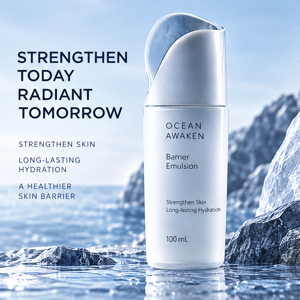DOZMIOS Barrier Emulsion cap close-up with text: Refine Strengthen Protect — Helps Improve Skin Barrier, Defends Against Daily Stressors, Reveals Smoother Healthier Skin