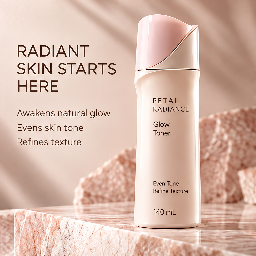 DOZMIOS Glow Toner on rose petals with text: Smoother Brighter Healthier Skin — Helps even skin tone, refines visible texture, reveals a naturally glowing complexion