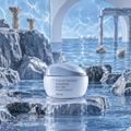 DOZMIOS Nourishing Eye Gel open jar on rock with text: Refreshes Tired Eyes — Delivers long-lasting hydration for brighter revitalized-looking eyes