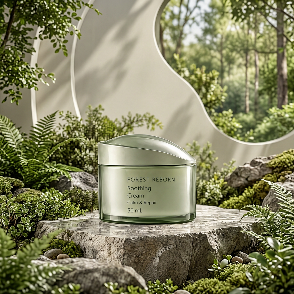 DOZMIOS Soothing Cream displayed on stone platform surrounded by lush green garden and ferns