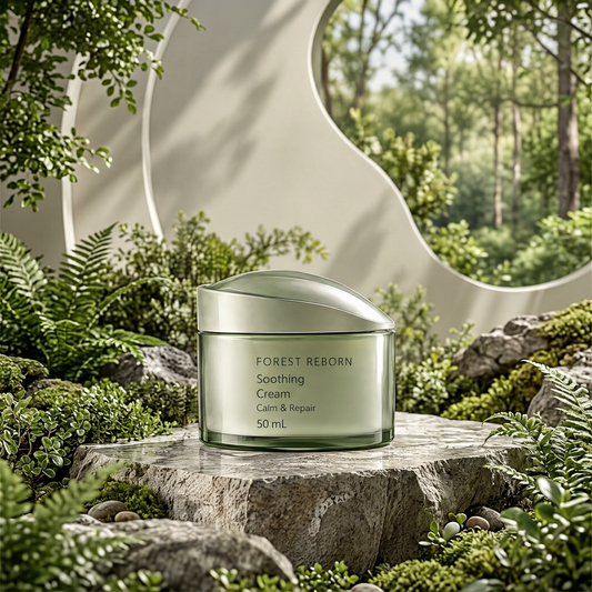 DOZMIOS Soothing Cream displayed on stone platform surrounded by lush green garden and ferns