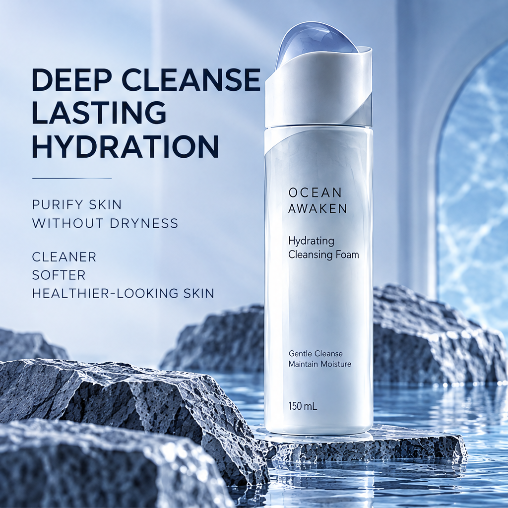 DOZMIOS Hydrating Cleansing Foam surrounded by rich white foam with text: Rich Foam Gentle Care — Deep Cleansing With A Soft Touch, Cleanses Effectively Without Stripping Moisture