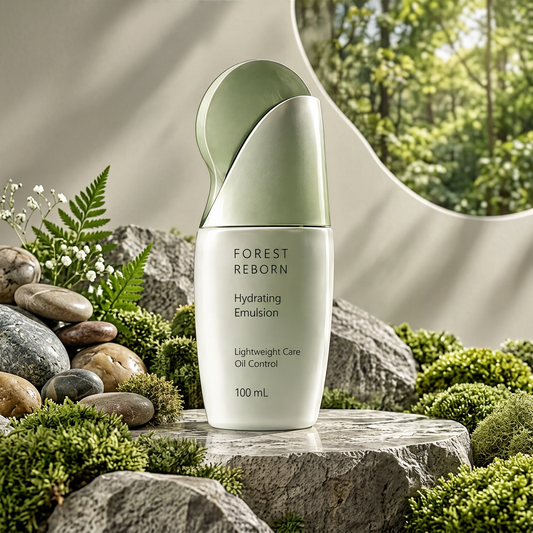 DOZMIOS Hydrating Emulsion displayed on stone platform surrounded by ferns moss and pebbles