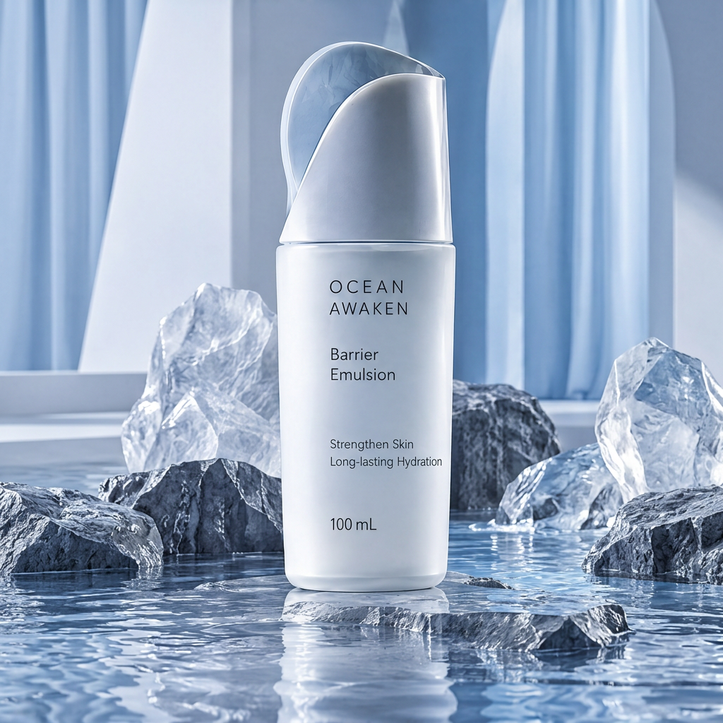 DOZMIOS Barrier Emulsion on coastal rocks with text: Strengthen Today Radiant Tomorrow — Strengthen Skin, Long-Lasting Hydration, A Healthier Skin Barrier