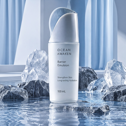 DOZMIOS Barrier Emulsion on coastal rocks with text: Strengthen Today Radiant Tomorrow — Strengthen Skin, Long-Lasting Hydration, A Healthier Skin Barrier