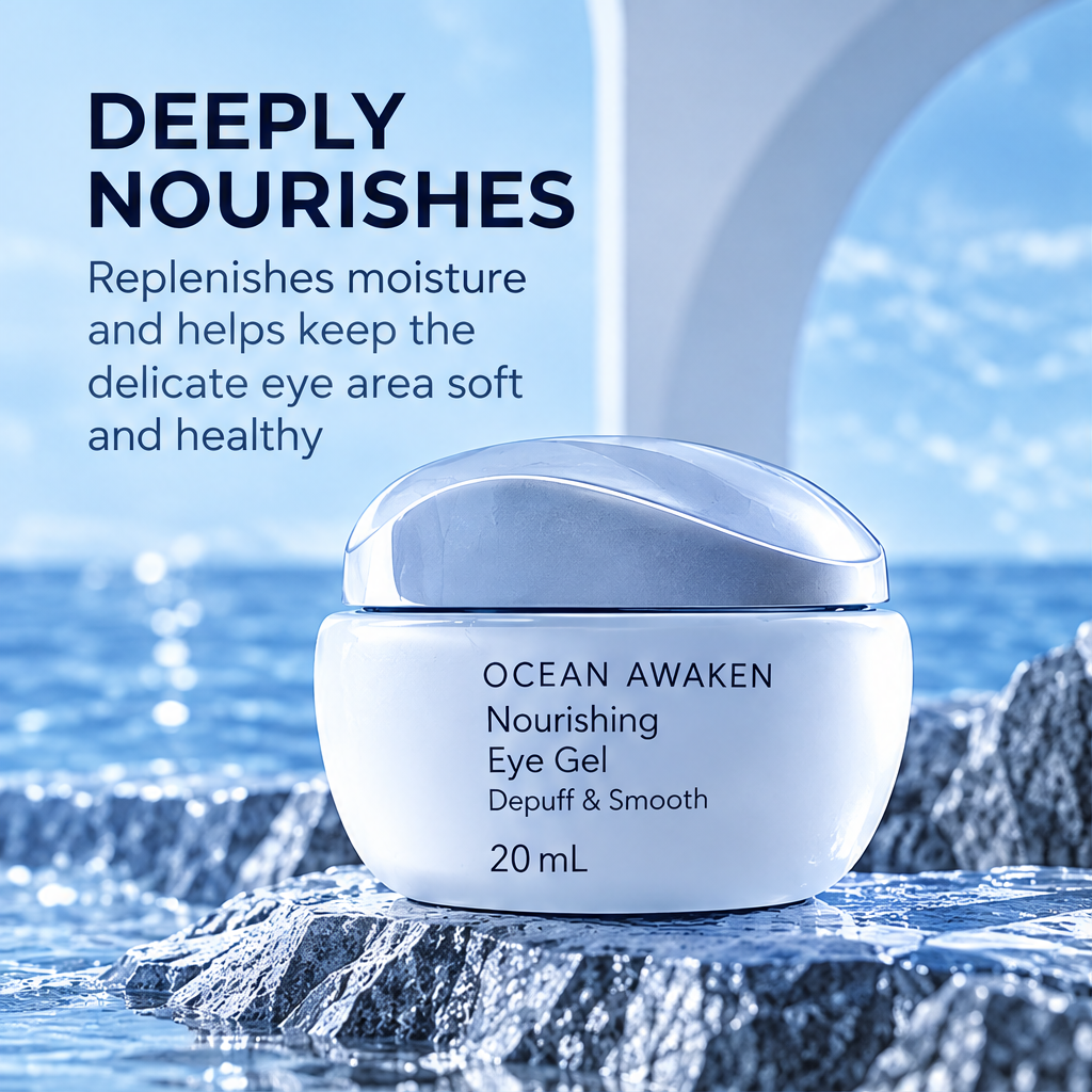 DOZMIOS Nourishing Eye Gel on coastal rocks with text: Deeply Nourishes — Replenishes moisture and helps keep the delicate eye area soft and healthy