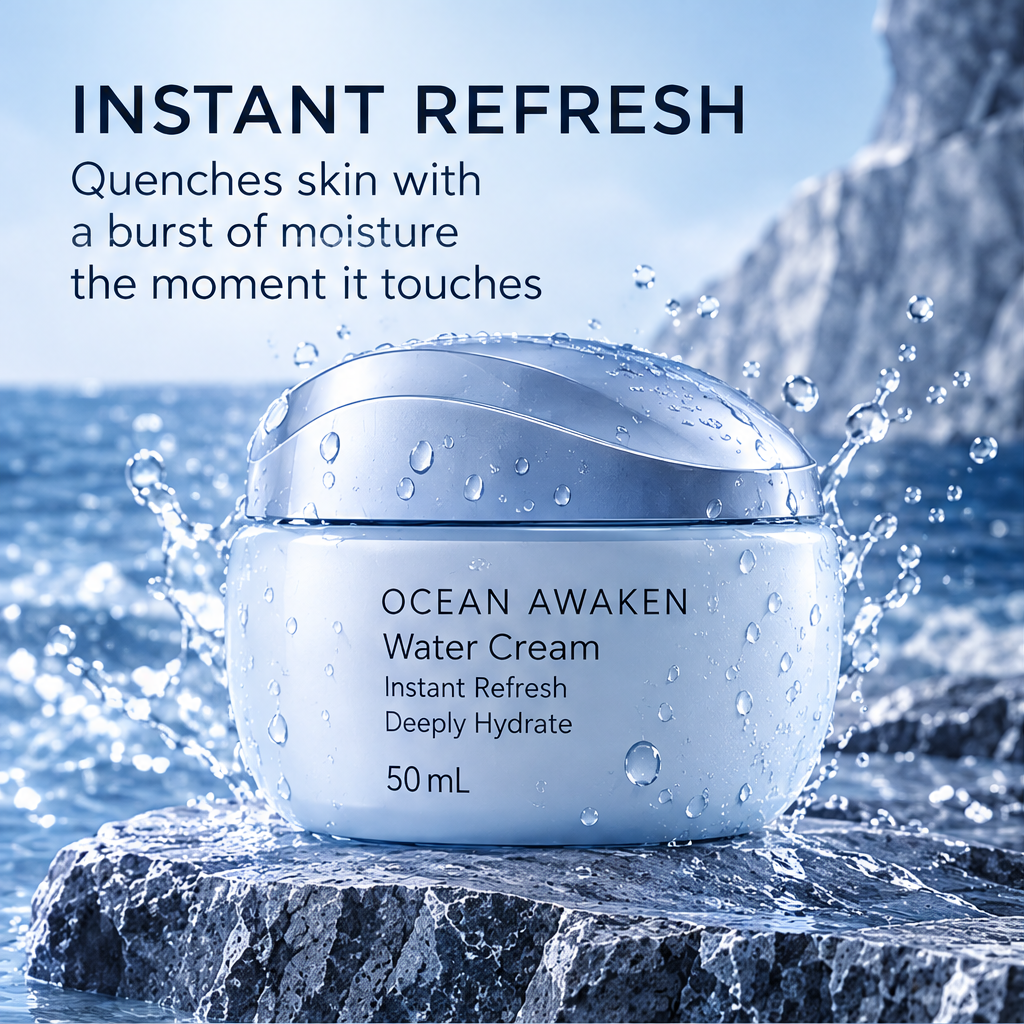 DOZMIOS Water Cream with water splash with text: Instant Refresh — Quenches skin with a burst of moisture the moment it touches