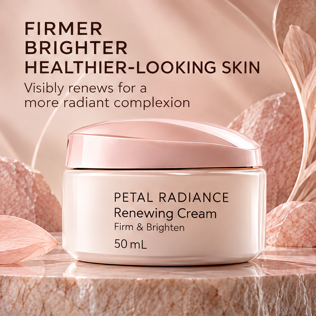 DOZMIOS Renewing Cream on rose quartz platform with leaf arch backdrop — elegant product display