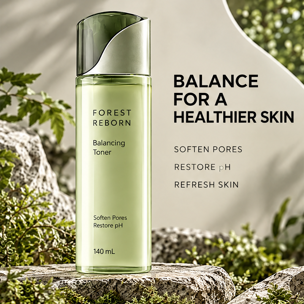 DOZMIOS Balancing Toner with text: Balance for a Healthier Skin — Soften Pores, Restore pH, Refresh Skin