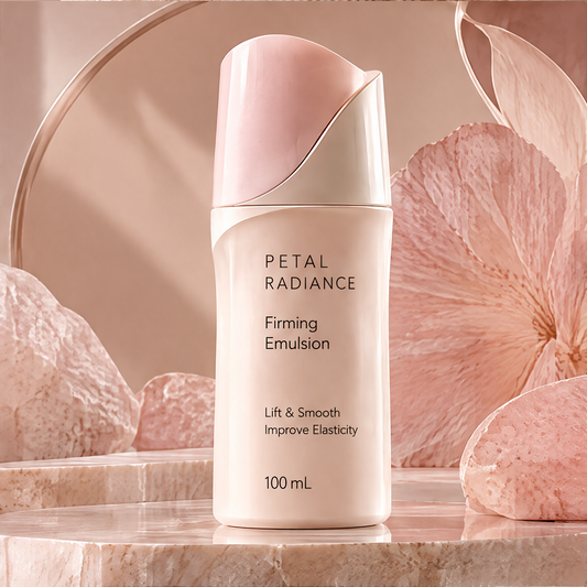 DOZMIOS Firming Emulsion on marble platform with pink petal arch backdrop — elegant product display