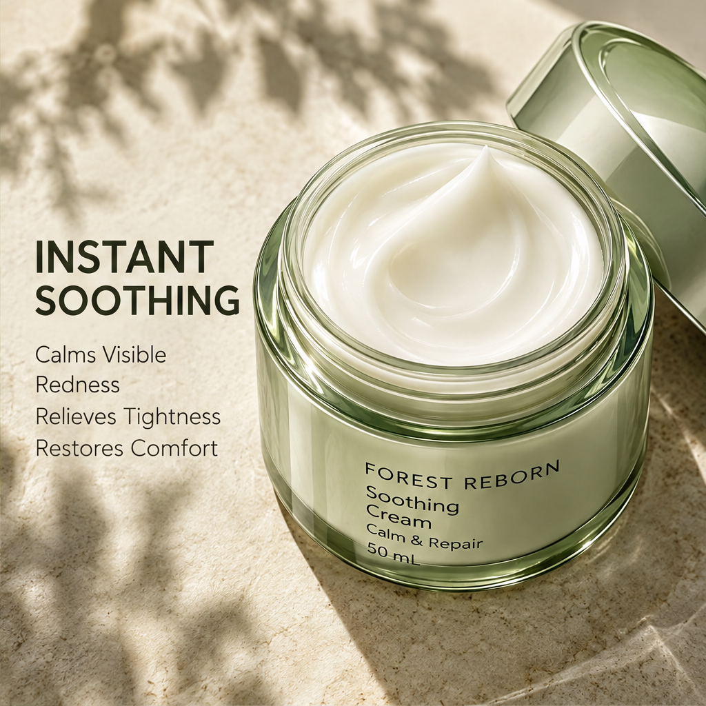 DOZMIOS Soothing Cream jar open showing white cream texture with text: Instant Soothing — Calms Visible Redness, Relieves Tightness, Restores Comfort