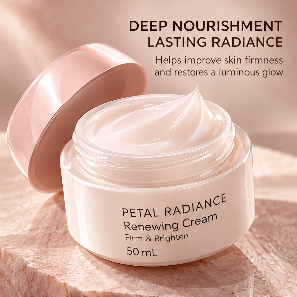 DOZMIOS Renewing Cream on pink petal rocks with text: Firmer Brighter Healthier-Looking Skin — Visibly renews for a more radiant complexion