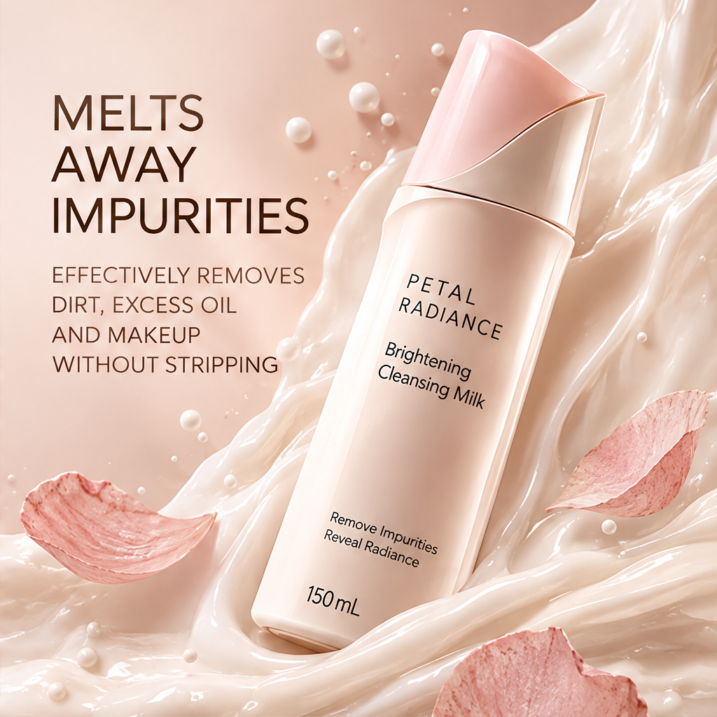 DOZMIOS Brightening Cleansing Milk in creamy milk splash with petals with text: Melts Away Impurities — Effectively removes dirt excess oil and makeup without stripping