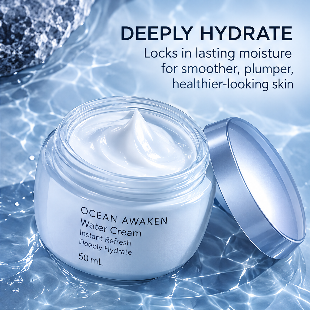 DOZMIOS Water Cream open jar showing white cream texture with text: Deeply Hydrate — Locks in lasting moisture for smoother plumper healthier-looking skin