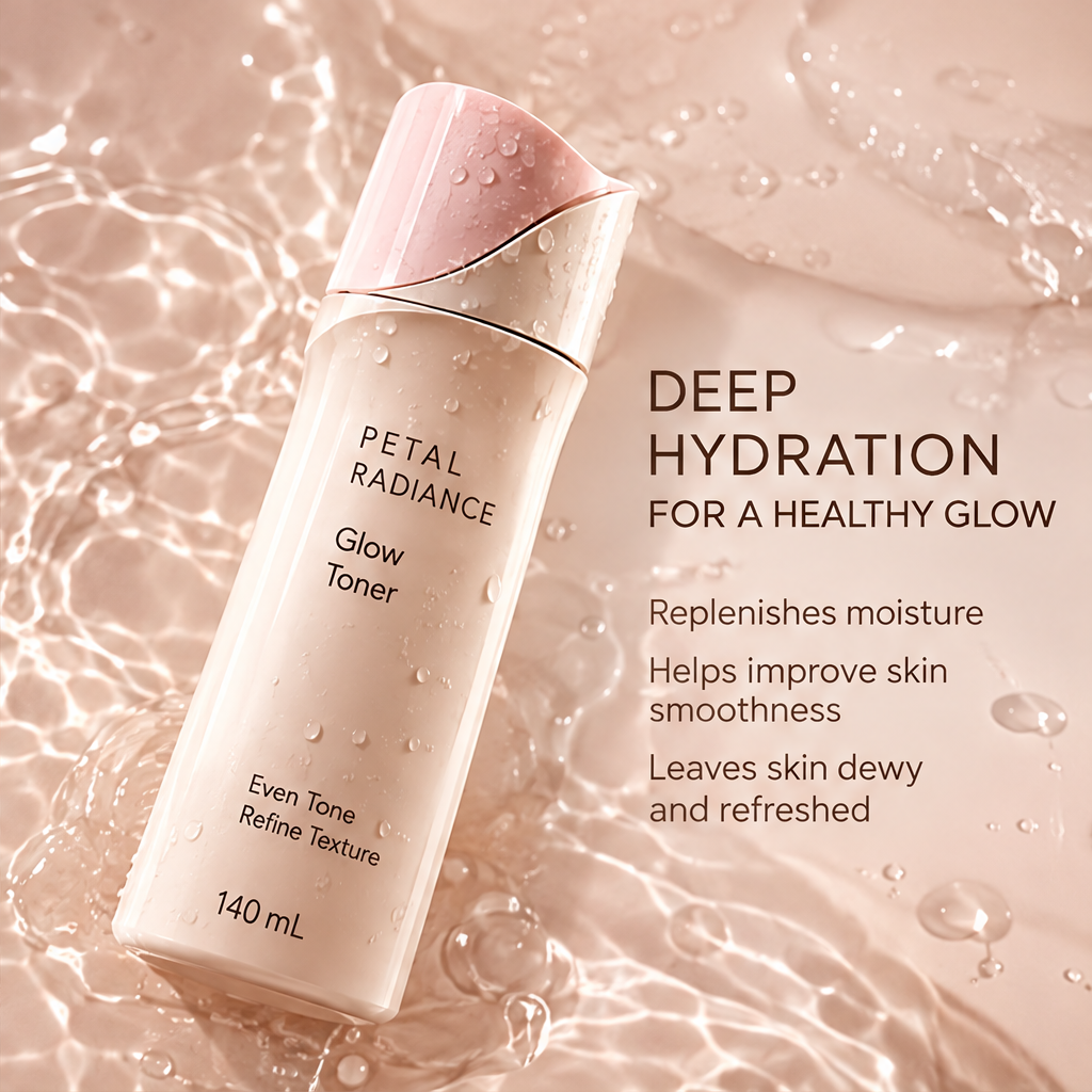 DOZMIOS Glow Toner pouring with text: Lightweight Yet Powerful — Fast-absorbing formula, preps skin for better care, enhances radiance from within