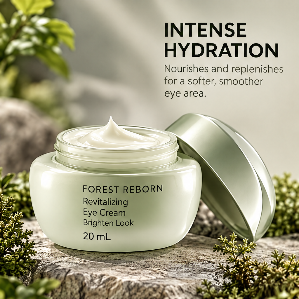 DOZMIOS Revitalizing Eye Cream displayed on stone platform surrounded by ferns moss and green garden