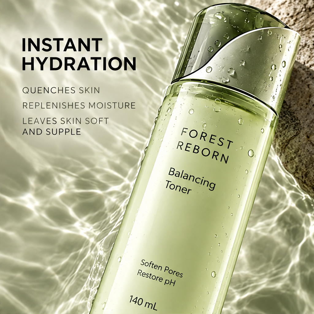 DOZMIOS Balancing Toner in water with text: Instant Hydration — Quenches skin, Replenishes moisture, Leaves skin soft and supple