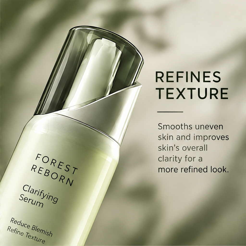 DOZMIOS Clarifying Serum pump close-up with text: Refines Texture — Smooths uneven skin and improves skin's overall clarity for a more refined look