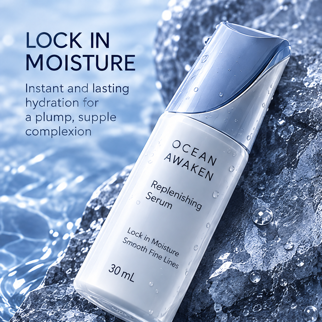 DOZMIOS Replenishing Serum displayed on stone platform with Greek columns and ocean arch backdrop