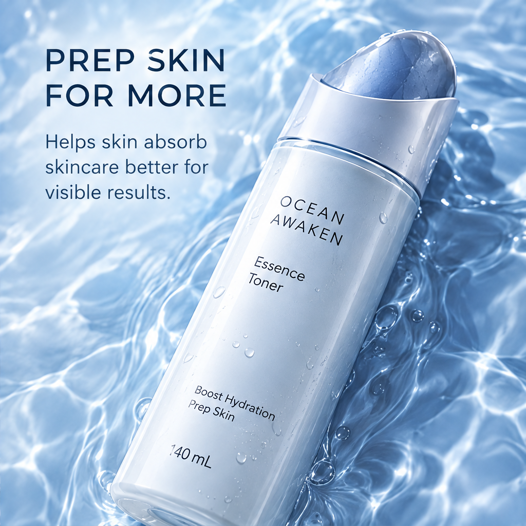 DOZMIOS Essence Toner in ocean arch setting with natural light and blue water reflections