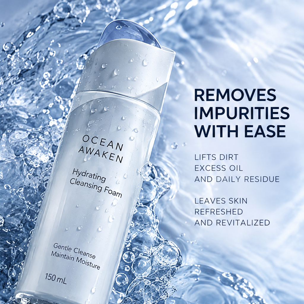 DOZMIOS Hydrating Cleansing Foam in splashing water with text: Removes Impurities With Ease — Lifts Dirt Excess Oil and Daily Residue, Leaves Skin Refreshed and Revitalized