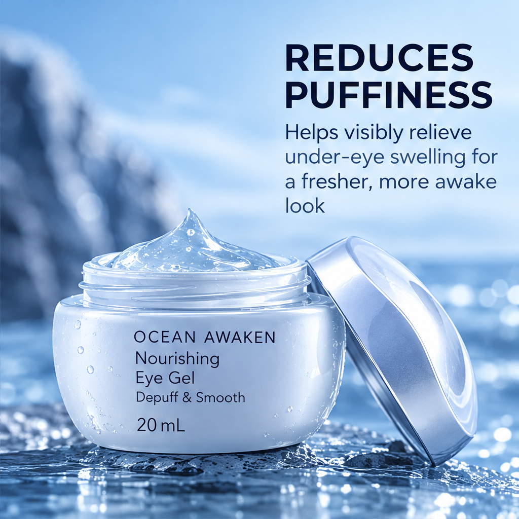 DOZMIOS Nourishing Eye Gel open jar with gel texture with text: Reduces Puffiness — Helps visibly relieve under-eye swelling for a fresher more awake look