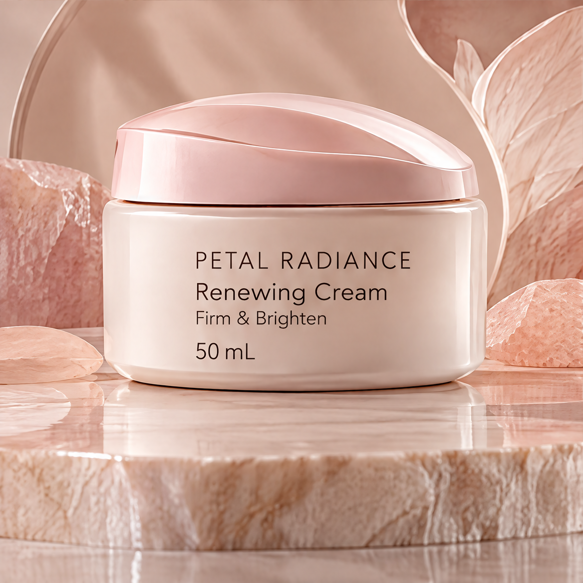 DOZMIOS Renewing Cream open jar with text: Deep Nourishment Lasting Radiance — Helps improve skin firmness and restores a luminous glow