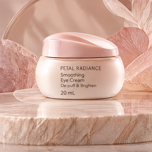 DOZMIOS Smoothing Eye Cream in cream swirl with text: De-puff and Brighten — Revives tired-looking eyes and reveals a smoother more radiant appearance