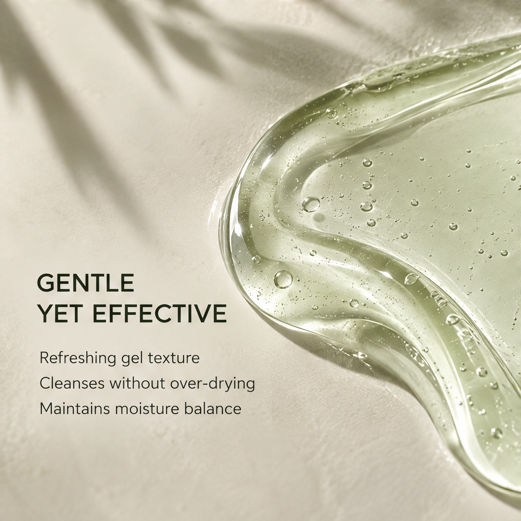 Gel texture close-up with text: Gentle Yet Effective — Refreshing gel texture, Cleanses without over-drying, Maintains moisture balance