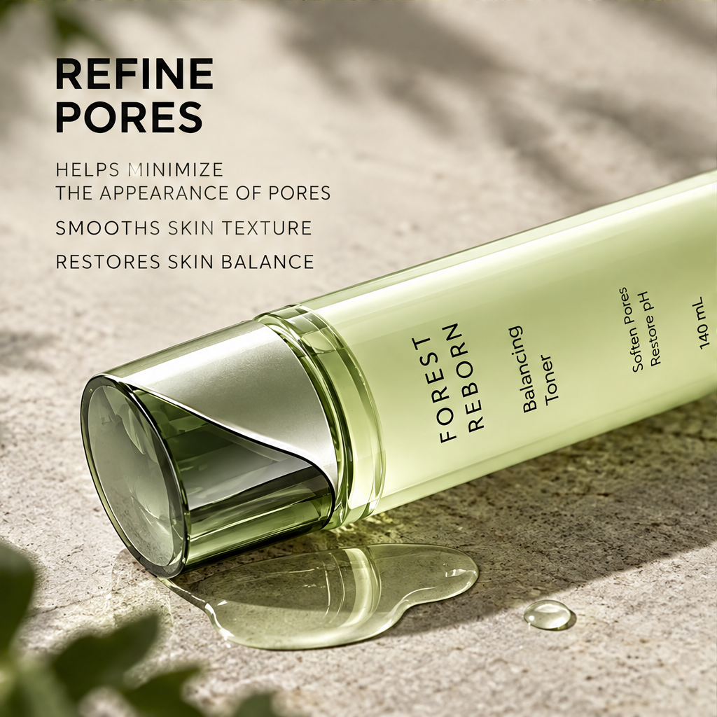 DOZMIOS Balancing Toner lying on stone with text: Refine Pores — Helps minimize appearance of pores, Smooths skin texture, Restores skin balance