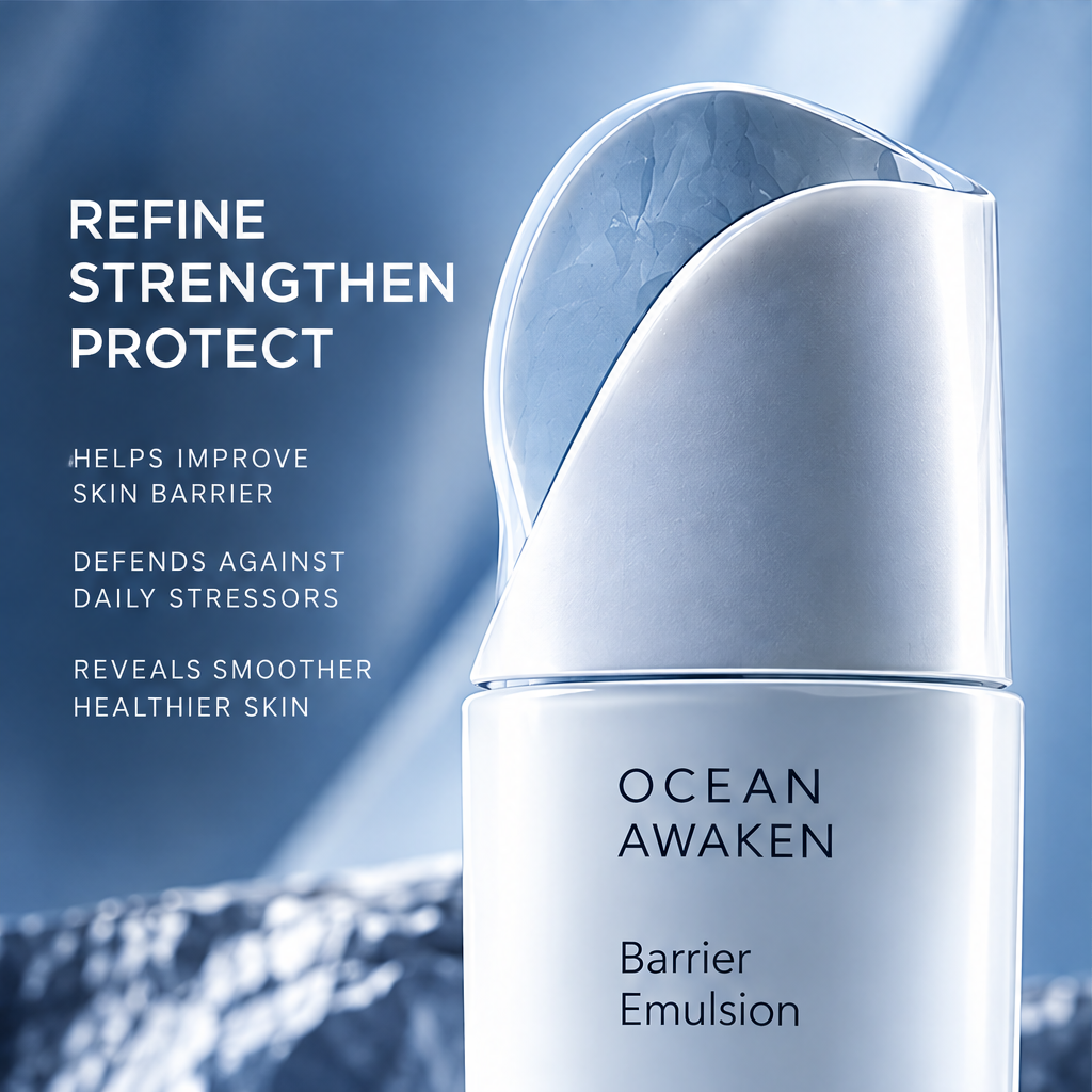 DOZMIOS Barrier Emulsion cream texture close-up with text: Lightweight Yet Powerful — Fast-absorbing emulsion, Delivers lasting hydration, Leaves skin smooth and balanced
