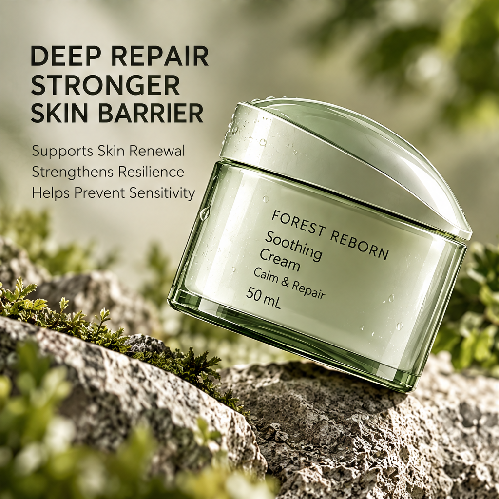 DOZMIOS Soothing Cream on mossy stone with text: Deep Repair Stronger Skin Barrier — Supports Skin Renewal, Strengthens Resilience, Helps Prevent Sensitivity